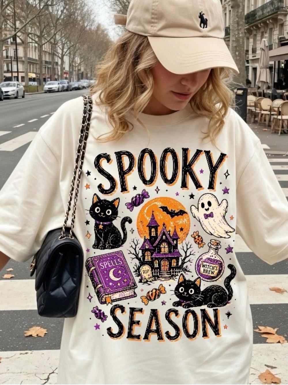Spooky Season Cute Black Cat Halloween Shirt, Funny Halloween Collage Tee